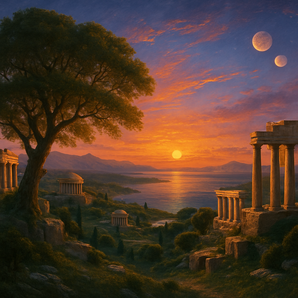 Generate an image of the fictional planet 'Kobol'. The planet looks like an ancient paradise with vast oceans and lush green landscapes. It is in the twilight hours, with the sun setting over a vast ocean, streaking the sky with shades of orange, pink, and purple. The planet's twin moons are slightly visible in this evening glow. Ancient architectural structures, reminiscent of Roman or Greek civilizations, are dispersed across the picturesque landscape. The architecture is made of marble-like material, some intact and some ruins, nestled amidst the serene setting. In the foreground, there is a large tree, which is referred to as a 'Sacred tree', with its branches spreading out, reaching towards the sky. The image should have precise detailing and a professional finishing to be suitable for an article about Kobol. Generate an image of the fictional planet 'Kobol'. The planet looks like an ancient paradise with vast oceans and lush green landscapes. It is in the twilight hours, with the sun setting over a vast ocean, streaking the sky with shades of orange, pink, and purple. The planet's twin moons are slightly visible in this evening glow. Ancient architectural structures, reminiscent of Roman or Greek civilizations, are dispersed across the picturesque landscape. The architecture is made of marble-like material, some intact and some ruins, nestled amidst the serene setting. In the foreground, there is a large tree, which is referred to as a 'Sacred tree', with its branches spreading out, reaching towards the sky. The image should have precise detailing and a professional finishing to be suitable for an article about Kobol.
