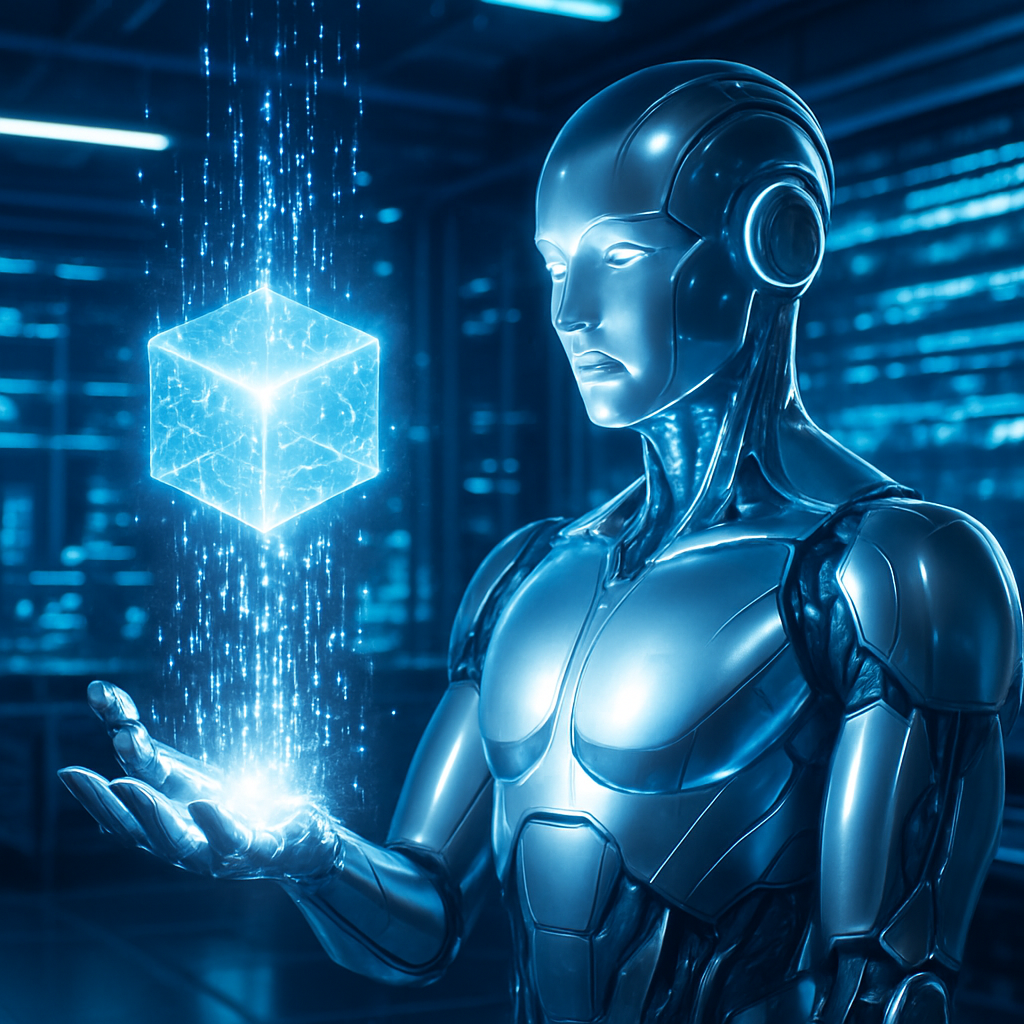 Generate an image of a futuristic AI machine in the form of a sleek, metallic human-like robot radiating light and streams of digital data, signifying the manipulation and creation of new information. The robot should be situated in a high-tech laboratory adorned with a clear view of high speed data transmission in the background. You can also show the robot interfacing with a holographic projection demonstrating its generative capabilities. The lighting should be sleek and futuristic, using hues of blue and white, highlighting the advanced technology motif. Generate an image of a futuristic AI machine in the form of a sleek, metallic human-like robot radiating light and streams of digital data, signifying the manipulation and creation of new information. The robot should be situated in a high-tech laboratory adorned with a clear view of high speed data transmission in the background. You can also show the robot interfacing with a holographic projection demonstrating its generative capabilities. The lighting should be sleek and futuristic, using hues of blue and white, highlighting the advanced technology motif.