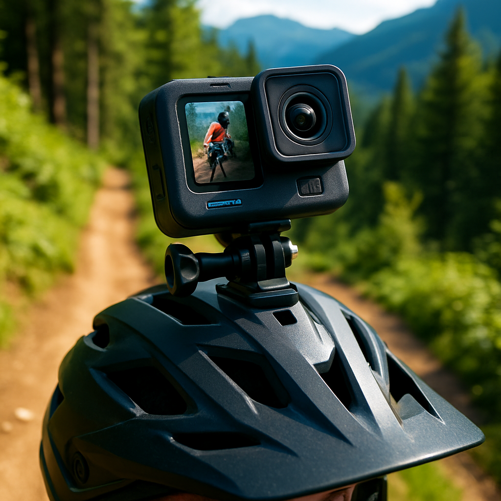 Create an image showing a latest model of GoPro camera. The camera should be pictured in an adventurous setting, preferably attached to a helmet with a lush, mountain biking trail in the background. The image should capture the ruggedness of the camera as well as the high-octane activity it's recording. The camera should be in sharp focus, while the background can have a slight blur to emulate motion and depth. The color scheme should be vibrant and rich to highlight the camera’s ability to capture high-quality, vivid footage. Please ensure there is no text in the image. Create an image showing a latest model of GoPro camera. The camera should be pictured in an adventurous setting, preferably attached to a helmet with a lush, mountain biking trail in the background. The image should capture the ruggedness of the camera as well as the high-octane activity it's recording. The camera should be in sharp focus, while the background can have a slight blur to emulate motion and depth. The color scheme should be vibrant and rich to highlight the camera’s ability to capture high-quality, vivid footage. Please ensure there is no text in the image.