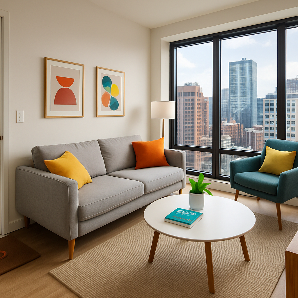 Generate an image of a cozy, modern, well-lit Airbnb rental property situated in the heart of a vibrant city. The interior should feature sleek, minimalist furniture with pops of bright colors to break the monotony. The living room should be in focus, representing a welcoming space with a comfortable couch, a chic coffee table with a guidebook and house plant on it, and tasteful artwork on the walls. A view to the urban cityscape from the large windows would add depth to the image. Make sure to include Airbnb's logo subtly yet distinctly somewhere in the frame, like on a keychain hanging by the door or on the welcome mat. Generate an image of a cozy, modern, well-lit Airbnb rental property situated in the heart of a vibrant city. The interior should feature sleek, minimalist furniture with pops of bright colors to break the monotony. The living room should be in focus, representing a welcoming space with a comfortable couch, a chic coffee table with a guidebook and house plant on it, and tasteful artwork on the walls. A view to the urban cityscape from the large windows would add depth to the image. Make sure to include Airbnb's logo subtly yet distinctly somewhere in the frame, like on a keychain hanging by the door or on the welcome mat.