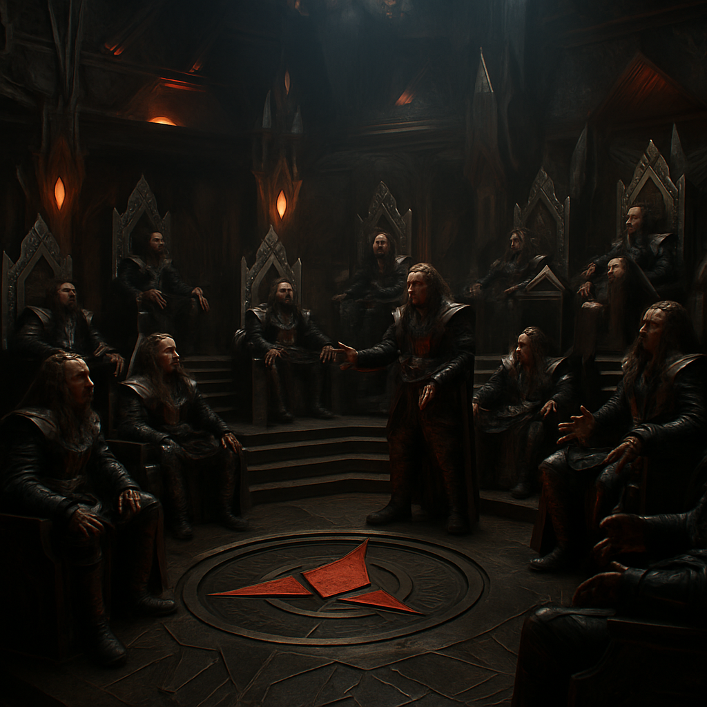 Generate an image of the 'Klingon High Council' from the Star Trek universe.
The image should be finely detailed, depicting a grand, circular room filled with high-ranking members of the Klingon Empire engaged in serious discussion.
The architecture should be expansive and distinctly Klingon with dark metallic hues, sharp angular design, and intricate patterns. Have rows of tall, throne-like chairs arranged in a semi-circle to symbolize the council of highest-ranking Klingons.
Each member should be adorned in traditional Klingon attire, preferably battle armor, marked by its onyx and crimson coloring and spiked details.
Focus on their distinct, ridged foreheads and fierce expressions.
The center of the room should be slightly elevated and include a circular emblem representing the emblem of the empire. Lighting should be dim, and the atmosphere intense, to convey the high stakes nature of their meeting.
Remember, there should be no text in the image and it should be high-resolution enough to be used in a professional publication. Generate an image of the 'Klingon High Council' from the Star Trek universe.
The image should be finely detailed, depicting a grand, circular room filled with high-ranking members of the Klingon Empire engaged in serious discussion.
The architecture should be expansive and distinctly Klingon with dark metallic hues, sharp angular design, and intricate patterns. Have rows of tall, throne-like chairs arranged in a semi-circle to symbolize the council of highest-ranking Klingons.
Each member should be adorned in traditional Klingon attire, preferably battle armor, marked by its onyx and crimson coloring and spiked details.
Focus on their distinct, ridged foreheads and fierce expressions.
The center of the room should be slightly elevated and include a circular emblem representing the emblem of the empire. Lighting should be dim, and the atmosphere intense, to convey the high stakes nature of their meeting.
Remember, there should be no text in the image and it should be high-resolution enough to be used in a professional publication.