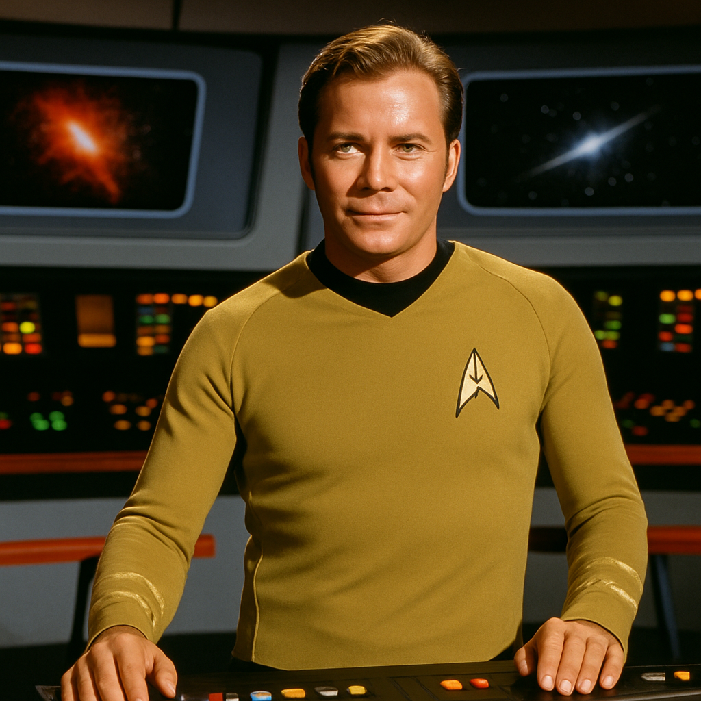 Generate an image of Captain James T. Kirk from the original Star Trek series, set in the iconic bridge of the Starship Enterprise. Capture Kirk standing confidently at the helm, dressed in his classic gold uniform with the Starfleet insignia prominently displayed. His expression should be charismatic and authoritative, reflecting his leadership qualities. The background should showcase the futuristic control panels and viewing screens, filled with vibrant displays of space phenomena, emphasizing the advanced technology of the setting. The lighting should be dramatic, with focused beams highlighting Kirk’s features, ensuring a crisp and professional look suitable for an article discussing the legacy and leadership style of this iconic character. Generate an image of Captain James T. Kirk from the original Star Trek series, set in the iconic bridge of the Starship Enterprise. Capture Kirk standing confidently at the helm, dressed in his classic gold uniform with the Starfleet insignia prominently displayed. His expression should be charismatic and authoritative, reflecting his leadership qualities. The background should showcase the futuristic control panels and viewing screens, filled with vibrant displays of space phenomena, emphasizing the advanced technology of the setting. The lighting should be dramatic, with focused beams highlighting Kirk’s features, ensuring a crisp and professional look suitable for an article discussing the legacy and leadership style of this iconic character.