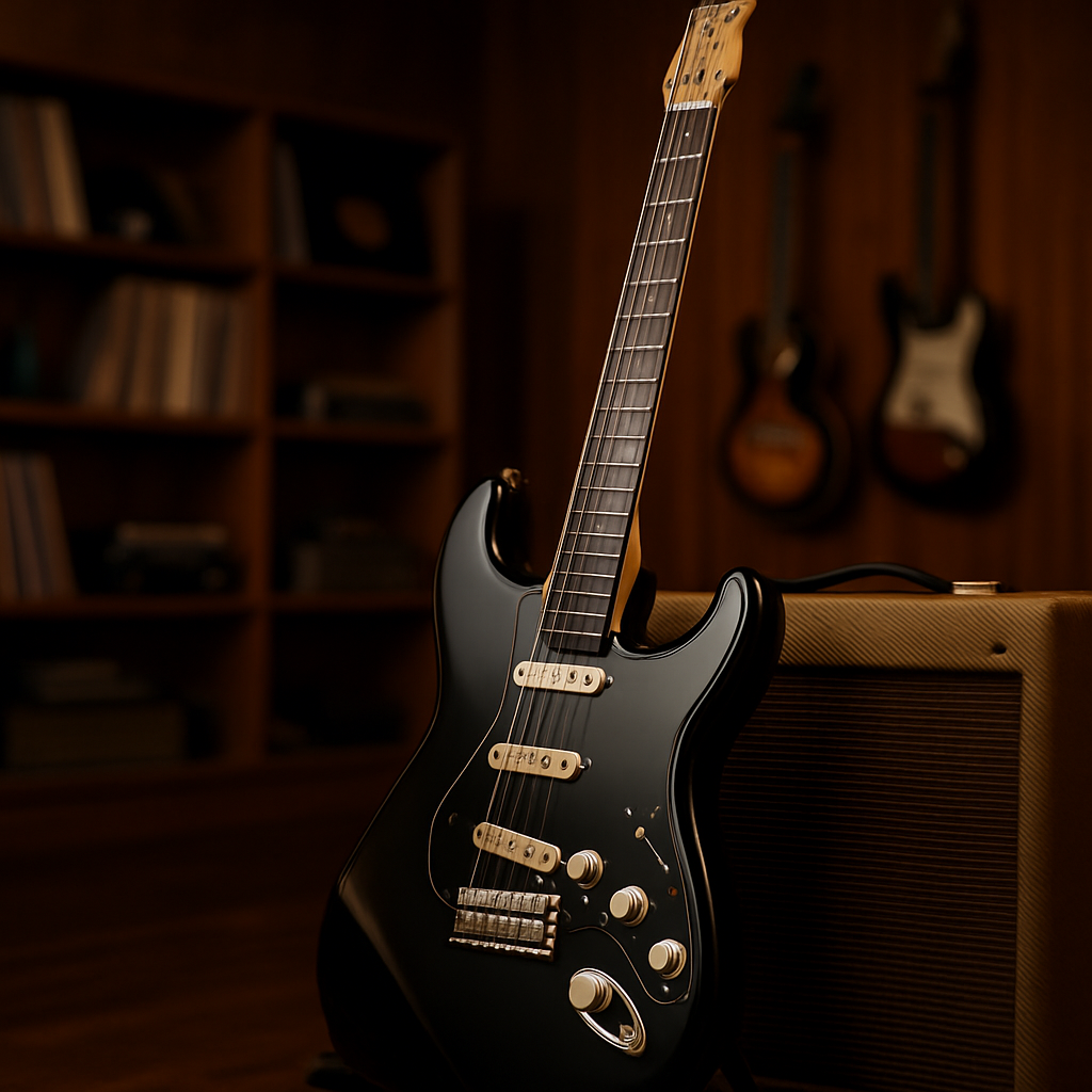 "Generate an image of a well-polished, classic Fender Stratocaster electric guitar with a glossy black finish. The guitar should be captured in a laid-back yet classy environment, like a dimly lit, wood-panelled recording studio. The image should feature the guitar in the foreground, either resting on an elegant guitar stand or casually half-leaning against a vintage amplifier. In the background, subtly blurred, there should be a shelf with various music-related items like vinyl records, other guitars, and audio equipment. Ensure the lighting in the image emphasizes the curves and shine of the guitar, lending a sense of prestige and professionalism. This image should contain no people or text." "Generate an image of a well-polished, classic Fender Stratocaster electric guitar with a glossy black finish. The guitar should be captured in a laid-back yet classy environment, like a dimly lit, wood-panelled recording studio. The image should feature the guitar in the foreground, either resting on an elegant guitar stand or casually half-leaning against a vintage amplifier. In the background, subtly blurred, there should be a shelf with various music-related items like vinyl records, other guitars, and audio equipment. Ensure the lighting in the image emphasizes the curves and shine of the guitar, lending a sense of prestige and professionalism. This image should contain no people or text."