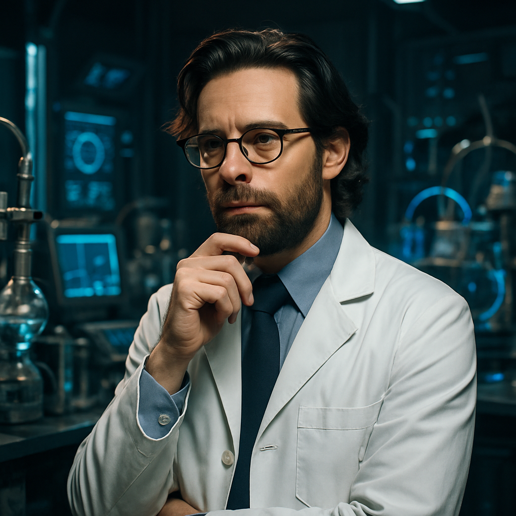 Generate an image of Gaius Baltar, the prominent character from the series 'Battlestar Galactica'. He should be depicted as a stylish and intellectual scientist with dark hair, glasses, and a beard. He should be seen in a science lab setting, filled with advanced technology and scientific equipment. His attire should be formal and should include a lab coat, underlining his scientific profession. His facial expression should be thoughtful and ingenious, hinting at his complex personality. Background should be slightly dimmer to highlight the subject, but enough to visibly depict the high tech lab and futuristic equipment. No other characters should be in the image. Generate an image of Gaius Baltar, the prominent character from the series 'Battlestar Galactica'. He should be depicted as a stylish and intellectual scientist with dark hair, glasses, and a beard. He should be seen in a science lab setting, filled with advanced technology and scientific equipment. His attire should be formal and should include a lab coat, underlining his scientific profession. His facial expression should be thoughtful and ingenious, hinting at his complex personality. Background should be slightly dimmer to highlight the subject, but enough to visibly depict the high tech lab and futuristic equipment. No other characters should be in the image.