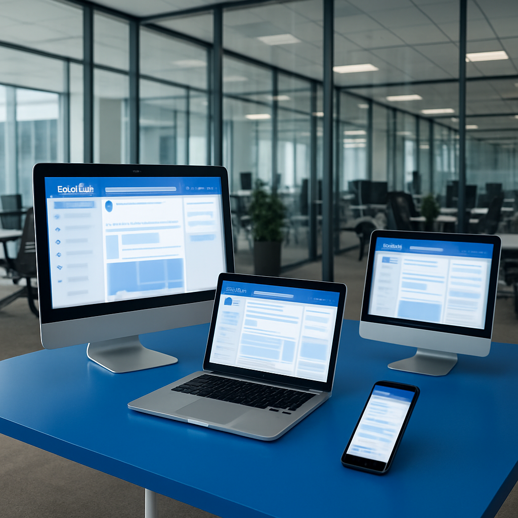 Generate an image of a pristine, modern office setting with an open floor plan. The focus should be on a large, blue table, mimicking Facebook's trademark color. Place desktop computers, laptops, and mobile devices with the screens illuminated on the table. Make sure the devices' screens subtly convey the Facebook's news feed interface without displaying any specific content or text. For added symbolism, the background should feature a large glass wall, reflecting the office interior, symbolizing Facebook's relationship with transparency and data privacy. Generate an image of a pristine, modern office setting with an open floor plan. The focus should be on a large, blue table, mimicking Facebook's trademark color. Place desktop computers, laptops, and mobile devices with the screens illuminated on the table. Make sure the devices' screens subtly convey the Facebook's news feed interface without displaying any specific content or text. For added symbolism, the background should feature a large glass wall, reflecting the office interior, symbolizing Facebook's relationship with transparency and data privacy.