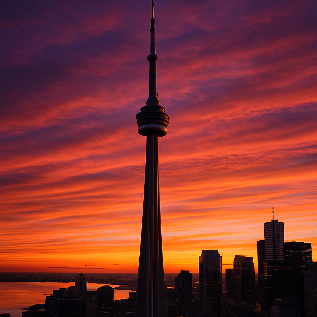 Create an image of the CN Tower standing majestically against a brilliant sunset skyline of Toronto. The perspective should be slightly angled from a low viewpoint to emphasize the height and sleek architectural design of the tower. Capture the cityscape with hints of modern skyscrapers and Lake Ontario in the background, reflecting the vibrant colors of the setting sun. The sky should be a rich gradient of deep oranges, purples, and blues, adding a touch of drama while maintaining a professional aesthetic. The overall composition should be balanced, with the CN Tower as the focal point, highlighting both its iconic status and the beauty of its urban surroundings. Create an image of the CN Tower standing majestically against a brilliant sunset skyline of Toronto. The perspective should be slightly angled from a low viewpoint to emphasize the height and sleek architectural design of the tower. Capture the cityscape with hints of modern skyscrapers and Lake Ontario in the background, reflecting the vibrant colors of the setting sun. The sky should be a rich gradient of deep oranges, purples, and blues, adding a touch of drama while maintaining a professional aesthetic. The overall composition should be balanced, with the CN Tower as the focal point, highlighting both its iconic status and the beauty of its urban surroundings.