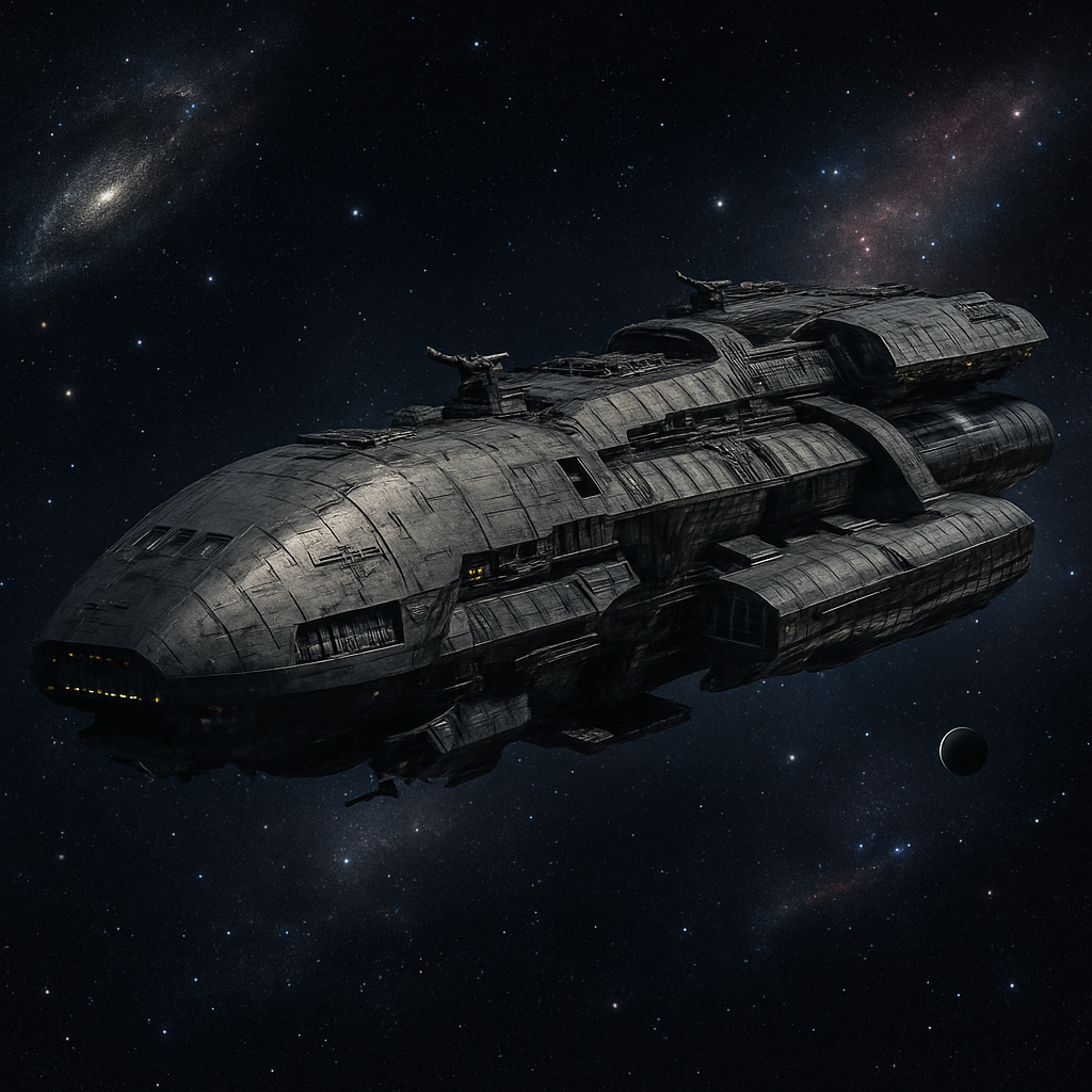 Generate an image of Battlestar Galactica situated in the dark depths of outer space. The colossal spaceship should occupy much of the center frame, marked by its distinct shape. The image should capture the massive size and intricate details of the battleship, including its immense engine, multiple gun turrets, reinforced hull, and numerous spatial portals. The background should feature a stunning starscape with galaxies, nebulae, and planets scattered across the infinite expanse, providing a strong contrast to the ship's metallic features. An occasional flare of light emanating from the ship's thrusters will show it is in motion. This prompt should generate a professional, clean, and visually captivating image, free of any additional characters or text.