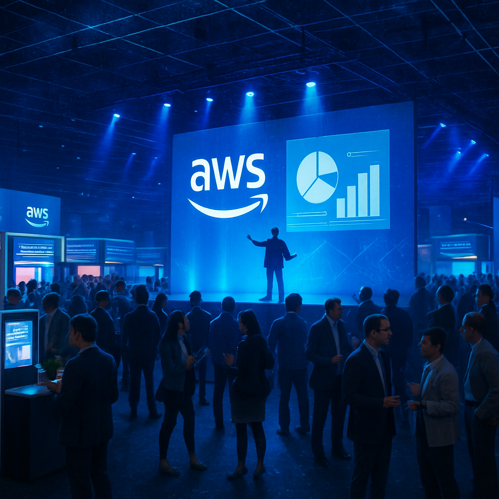 Generate an image of a large, modern conference hall bustling with professionals. The hall is bathed in blue and white hues reflecting the AWS brand and contains various technology displays and demo kiosks. In the center of the room, visualize a main stage lit up with cutting-edge technology screens and lighting fixtures. On the stage, you can see a silhouette of a speaker gesturing towards the screens that are displaying pie charts and graphs related to AWS services. To add more contextual details, include a networking area on the side with professionals engaged in discussions and excitedly sharing ideas, which symbolizes the collaborative spirit of the AWS summit. Finally, overlay the image with a subtle, futuristic digital grid to indicate the tech-oriented nature of the event.