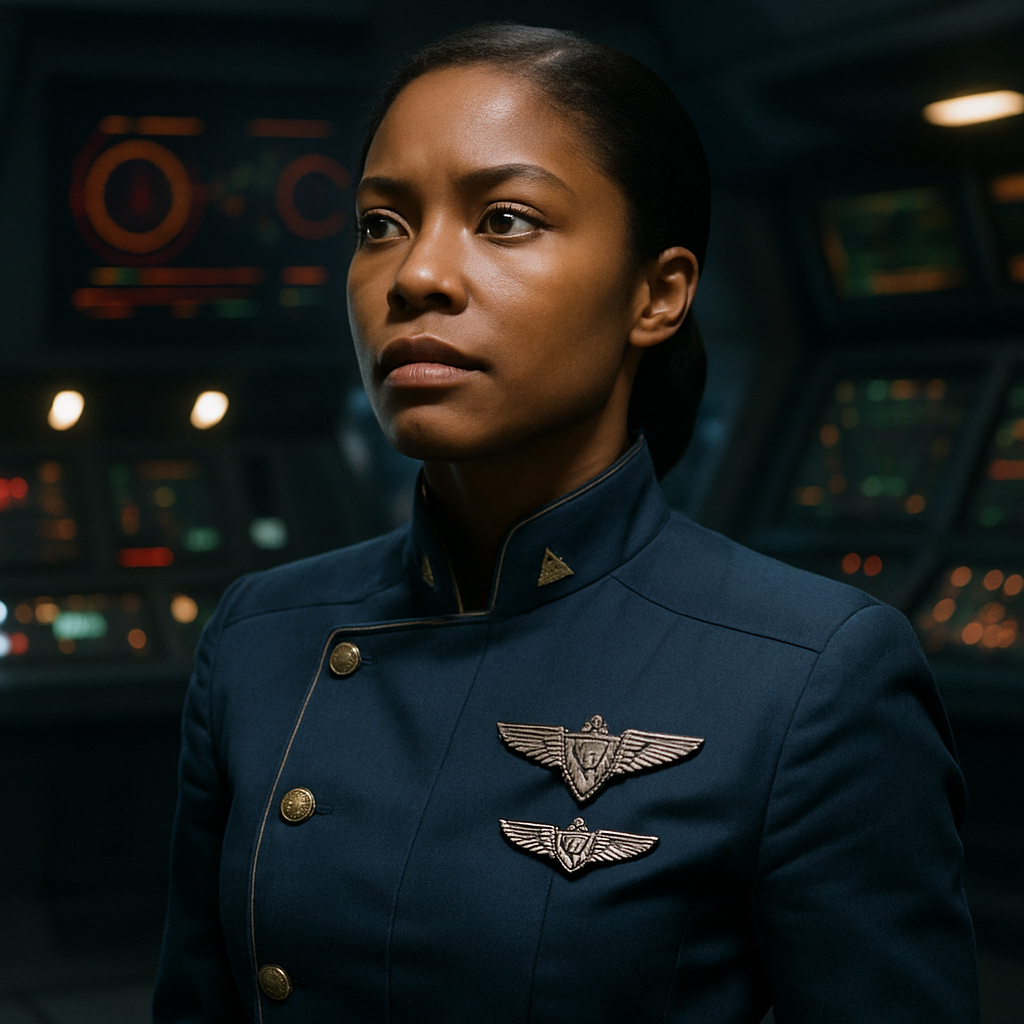 Generate an image of Anastasia Dualla, a character from Battlestar Galactica TV series. She should be represented wearing her iconic military uniform, with a detailed 'senior pilot wings' lapel pin prominently visible. She should be positioned in the command center of Galactica with a determined and thoughtful expression on her face, her posture radiating authority and leadership. Ambient lighting should softly illuminate her, reflecting off the high-tech control panels surrounding her. The image should focus on her upper body, showing her as a representation of a strong female character in a male-dominated setting. Please keep the background details sufficient but not overwhelming, in order to keep the focus firmly on Anastasia Dualla. Generate an image of Anastasia Dualla, a character from Battlestar Galactica TV series. She should be represented wearing her iconic military uniform, with a detailed 'senior pilot wings' lapel pin prominently visible. She should be positioned in the command center of Galactica with a determined and thoughtful expression on her face, her posture radiating authority and leadership. Ambient lighting should softly illuminate her, reflecting off the high-tech control panels surrounding her. The image should focus on her upper body, showing her as a representation of a strong female character in a male-dominated setting. Please keep the background details sufficient but not overwhelming, in order to keep the focus firmly on Anastasia Dualla.