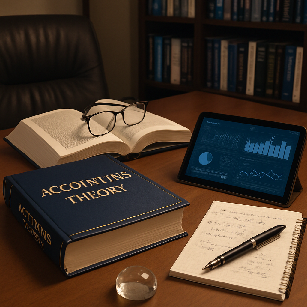 Generate an image of a large, polished wooden desk in a modern, well-lit office setting. Upon the desk, there should be an open, thick hardcover textbook titled 'Accounting Theory'. Make sure the cover design is a classic, professional style with a mix of navy blue and gold. Beside the book, place a high-tech tablet displaying complex charts and graphs related to accounting principles. Let's have a fine-tipped fountain pen lying next to a notepad filled with financial equations, and a crystal clear paperweight. A pair of sleek, black-rimmed eyeglasses resting on top of the book would give a nice touch. Across the room, fill the floor-to-ceiling bookshelves with various other accounting and finance textbooks. Weave a soft, ambient glow over the scene, indicative of late-night studying or early morning preparation.