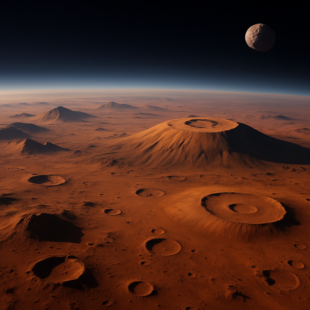 Generate an image of the Mars' landscape in high-resolution. The features should include the iconic rusty red surface, various Martian mountains, and craters with its largest volcano, Olympus Mons, in full prominence. Make sure the thin atmosphere of Mars is visible, presenting a cool contrast against the deep blackness of space. The panoramic viewpoint should also include the sight of Phobos, one of Mars' two moons, at the edge of the image. The image should be neither too bright nor too dark, emphasizing a feeling of realism and maintaining a natural color balance. Generate an image of the Mars' landscape in high-resolution. The features should include the iconic rusty red surface, various Martian mountains, and craters with its largest volcano, Olympus Mons, in full prominence. Make sure the thin atmosphere of Mars is visible, presenting a cool contrast against the deep blackness of space. The panoramic viewpoint should also include the sight of Phobos, one of Mars' two moons, at the edge of the image. The image should be neither too bright nor too dark, emphasizing a feeling of realism and maintaining a natural color balance.