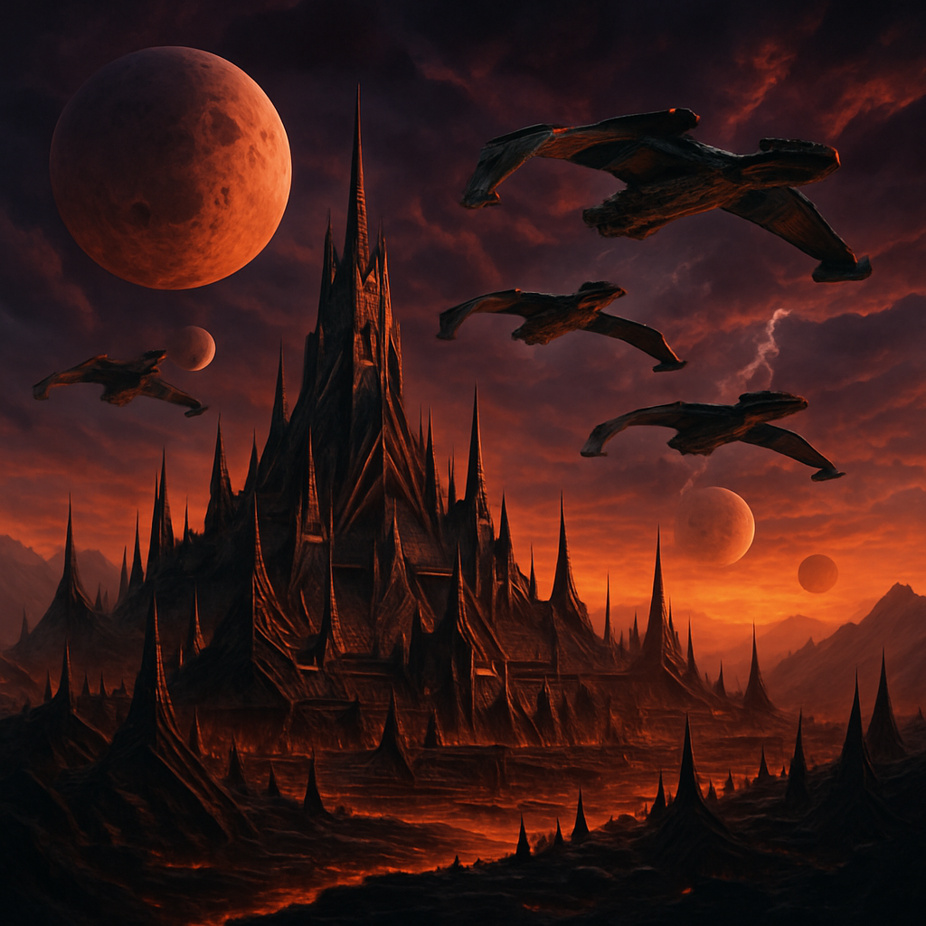Generate a comprehensive, high-resolution image of the 'Klingon Empire' as depicted in the Star Trek series. The image should encapsulate the essence of the Klingon culture and their advanced technology. Include a detailed and imposing Klingon capital city with their iconic architectural style - sharp, angular, and metallic structures. Also, incorporate a vibrant, otherworldly landscape with multiple moons and thunderous skies giving it a formidable appearance. In the sky, illustrate a fleet of Klingon Bird-of-Prey starships hovering, standing out against the landscape with intricate, bold designs. The scene should be set at a dramatic dusk bringing out a striking contrast, adding an effect of depth and vividness. The image quality should be professional, suitable for an insightful article. Please exclude any text from the image. Generate a comprehensive, high-resolution image of the 'Klingon Empire' as depicted in the Star Trek series. The image should encapsulate the essence of the Klingon culture and their advanced technology. Include a detailed and imposing Klingon capital city with their iconic architectural style - sharp, angular, and metallic structures. Also, incorporate a vibrant, otherworldly landscape with multiple moons and thunderous skies giving it a formidable appearance. In the sky, illustrate a fleet of Klingon Bird-of-Prey starships hovering, standing out against the landscape with intricate, bold designs. The scene should be set at a dramatic dusk bringing out a striking contrast, adding an effect of depth and vividness. The image quality should be professional, suitable for an insightful article. Please exclude any text from the image.