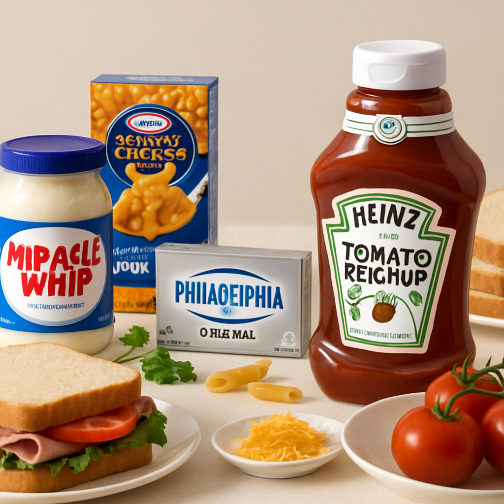 Generate an image of a well-lit, elegant table setting featuring all the Kraft Heinz iconic products like Heinz ketchup, Miracle Whip, Kraft Macaroni & Cheese, and Philadelphia cream cheese. The products should be arranged in an aesthetically pleasing manner to catch the viewer's attention. The ingredients for making a sandwich or a pasta dish should be spread around the products subtly. Make sure that the focus remains on the Kraft Heinz products. The lighting should give a fresh feeling to the products, and the background should be simple, not to divert the attention from the main subjects. Generate an image of a well-lit, elegant table setting featuring all the Kraft Heinz iconic products like Heinz ketchup, Miracle Whip, Kraft Macaroni & Cheese, and Philadelphia cream cheese. The products should be arranged in an aesthetically pleasing manner to catch the viewer's attention. The ingredients for making a sandwich or a pasta dish should be spread around the products subtly. Make sure that the focus remains on the Kraft Heinz products. The lighting should give a fresh feeling to the products, and the background should be simple, not to divert the attention from the main subjects.