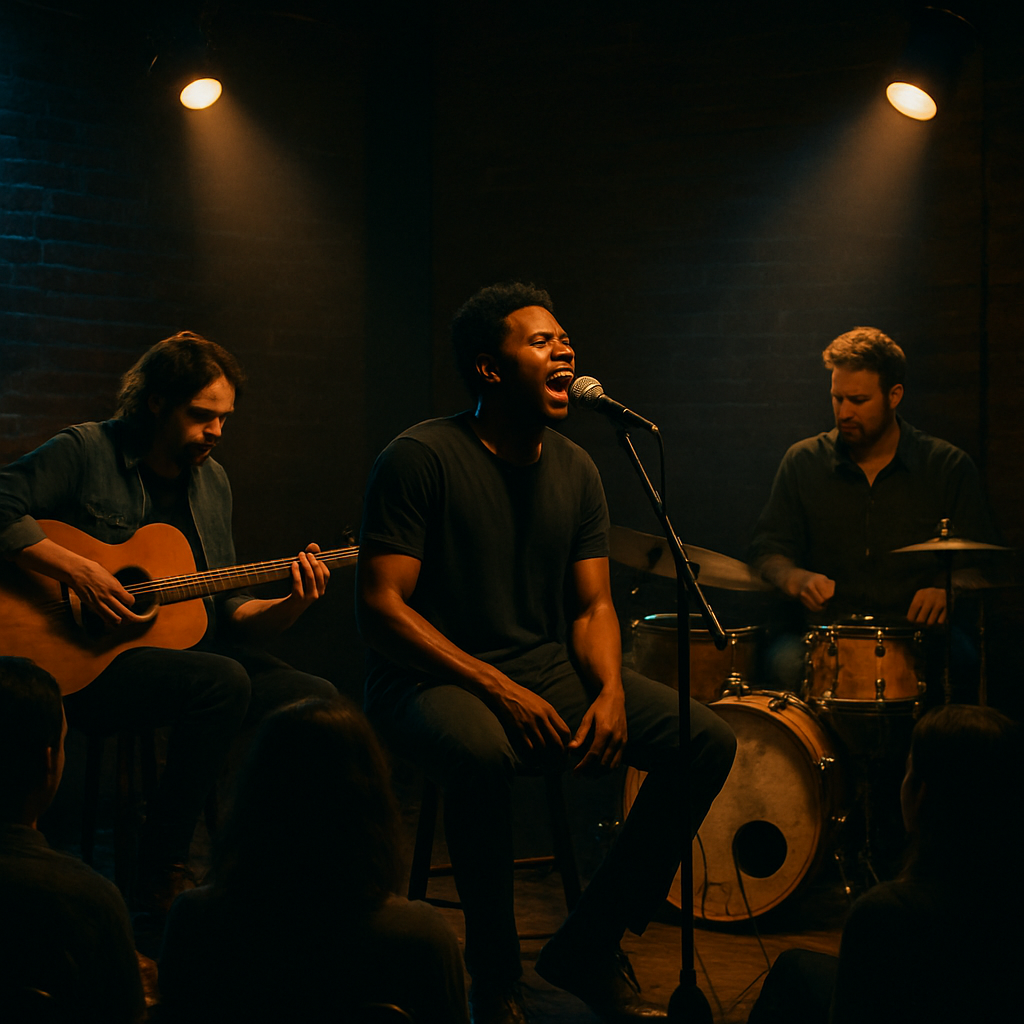 Create an image capturing a raw, intimate jamming session representative of 'MTV Unplugged'. In the center, feature a diverse group of musicians: a singer passionately belting out lyrics, a guitarist strumming away, and a drummer in the zone, creating music on acoustic instruments. Place them against the backdrop of a dimly lit stage with a single spotlight pouring on each of them and vintage brick walls around. A small, enthusiastic audience should be seated around, engrossed in the music, capturing the personal and intimate atmosphere iconic to MTV Unplugged sessions. Remember to retain the mood in the color spectrum: deep shadows, warm amber lights, and contrasting cool blue accents. However, ensure no identifiable MTV logos or text are present. Create an image capturing a raw, intimate jamming session representative of 'MTV Unplugged'. In the center, feature a diverse group of musicians: a singer passionately belting out lyrics, a guitarist strumming away, and a drummer in the zone, creating music on acoustic instruments. Place them against the backdrop of a dimly lit stage with a single spotlight pouring on each of them and vintage brick walls around. A small, enthusiastic audience should be seated around, engrossed in the music, capturing the personal and intimate atmosphere iconic to MTV Unplugged sessions. Remember to retain the mood in the color spectrum: deep shadows, warm amber lights, and contrasting cool blue accents. However, ensure no identifiable MTV logos or text are present.