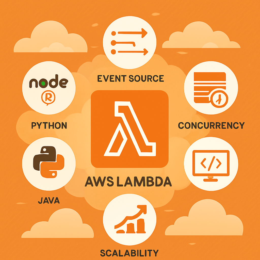 Generate an image of a cloud-based server environment. The center of the image should feature the AWS Lambda logo, prominently surrounded by various icons of computing elements to symbolize its serverless computing capabilities. Include graphical representations of event source mapping, concurrency, and scalability surrounding the central AWS Lambda logo. Also, incorporate images of coding languages like Node.js, Python, Java to represent AWS Lambda's coding flexibility. The color palette should be consistent with Amazon Web Service's theme, predominantly orange and white. This professional and neatly arranged composition should clearly convey AWS Lambda's role and functionality in a modern cloud computing landscape. Generate an image of a cloud-based server environment. The center of the image should feature the AWS Lambda logo, prominently surrounded by various icons of computing elements to symbolize its serverless computing capabilities. Include graphical representations of event source mapping, concurrency, and scalability surrounding the central AWS Lambda logo. Also, incorporate images of coding languages like Node.js, Python, Java to represent AWS Lambda's coding flexibility. The color palette should be consistent with Amazon Web Service's theme, predominantly orange and white. This professional and neatly arranged composition should clearly convey AWS Lambda's role and functionality in a modern cloud computing landscape.
