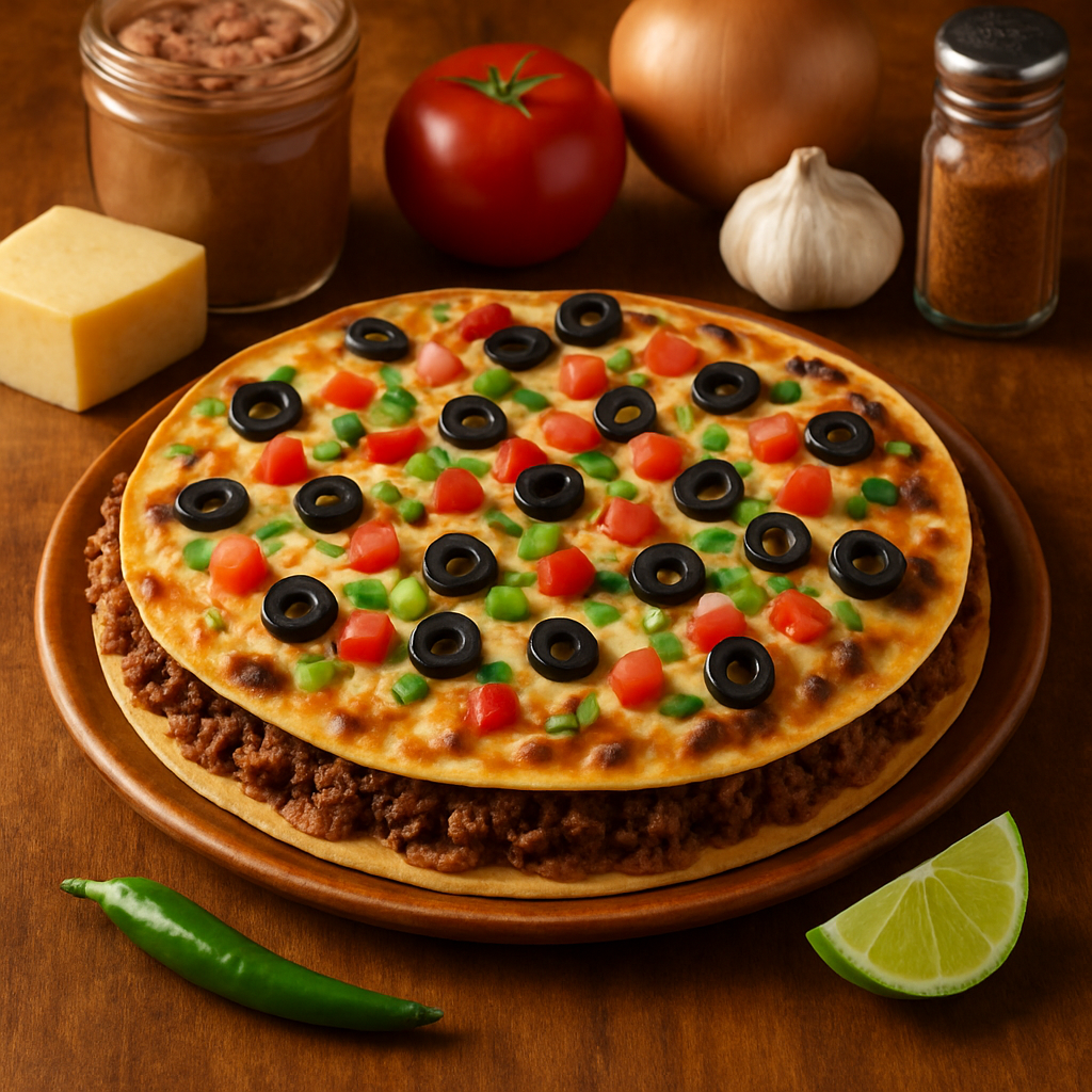 Generate an image of a mouth-watering Mexican Pizza, beautifully presented on a polished wooden table. The pizza should have a crispy tortilla base, smothered with a generous layer of refried beans and a thick layer of seasoned and cooked ground beef. Over the beef, another tortilla should sit with melted cheese, diced tomatoes, sliced black olives, and chopped green onions sprinkled on top. In the background, subtly feature some of the ingredients that were used to make the pizza - like a jar of refried beans, a block of cheese, a tomato, a bulb of garlic, an onion, and a shaker of spices for added context. Don't forget the Mexican touch, a small sliced lime and green chili to the side of the pizza. The lighting should highlight the rich colors of the pizza, making it look appetizing and irresistible. The entire setup should be eye-catching, but not cluttered. It should be taken from a top-down perspective so that every detail of the pizza and its garnishings can be seen clearly. Generate an image of a mouth-watering Mexican Pizza, beautifully presented on a polished wooden table. The pizza should have a crispy tortilla base, smothered with a generous layer of refried beans and a thick layer of seasoned and cooked ground beef. Over the beef, another tortilla should sit with melted cheese, diced tomatoes, sliced black olives, and chopped green onions sprinkled on top. In the background, subtly feature some of the ingredients that were used to make the pizza - like a jar of refried beans, a block of cheese, a tomato, a bulb of garlic, an onion, and a shaker of spices for added context. Don't forget the Mexican touch, a small sliced lime and green chili to the side of the pizza. The lighting should highlight the rich colors of the pizza, making it look appetizing and irresistible. The entire setup should be eye-catching, but not cluttered. It should be taken from a top-down perspective so that every detail of the pizza and its garnishings can be seen clearly.