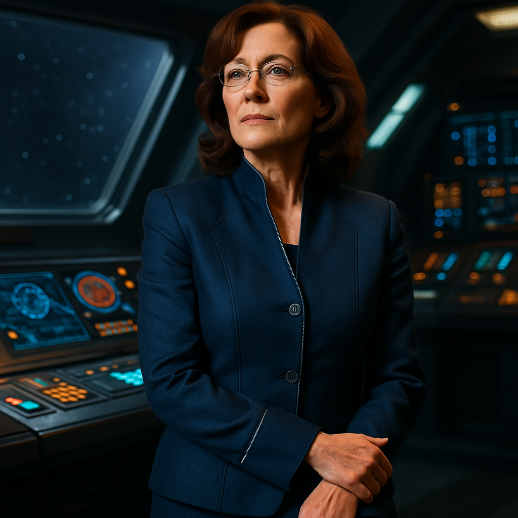 Create an image of Laura Roslin, the iconic character from the science fiction series "Battlestar Galactica," depicted in a striking and professional manner suitable for an article. Capture her in a commanding pose aboard the Galactica spaceship, emphasizing her role as a leader. She is wearing her signature business attire—a deep blue suit jacket with subtle silver accents and a matching skirt. Her expression is thoughtful yet determined, conveying her resilience and wisdom. Surround her with the futuristic backdrop of the ship's command center, complete with holographic displays and panels glowing softly, with a large window showing the vastness of space outside. The lighting is dramatic yet soft, highlighting her authoritative presence while reflecting the sci-fi ambiance of her environment. Create an image of Laura Roslin, the iconic character from the science fiction series "Battlestar Galactica," depicted in a striking and professional manner suitable for an article. Capture her in a commanding pose aboard the Galactica spaceship, emphasizing her role as a leader. She is wearing her signature business attire—a deep blue suit jacket with subtle silver accents and a matching skirt. Her expression is thoughtful yet determined, conveying her resilience and wisdom. Surround her with the futuristic backdrop of the ship's command center, complete with holographic displays and panels glowing softly, with a large window showing the vastness of space outside. The lighting is dramatic yet soft, highlighting her authoritative presence while reflecting the sci-fi ambiance of her environment.